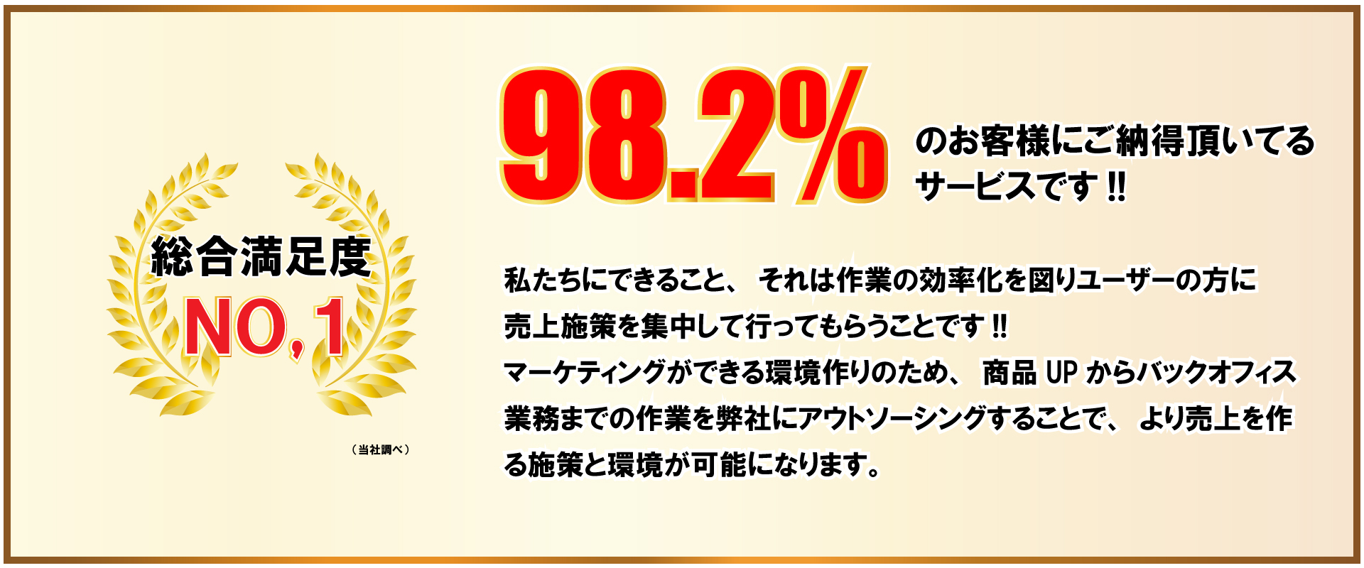 総合満足度NO1。98.2%のお客様にご納得頂いてるサービスです!!私たちにできる事、それは作業の効率化を図りユーザーの方に売上施策を集中して行ってもらうことです。マーケティングができる環境作りのため、商品Upからバックオフィス業務までの作業を弊社にアウトソーシングすることで、より売上を作る施策と環境が可能になります。